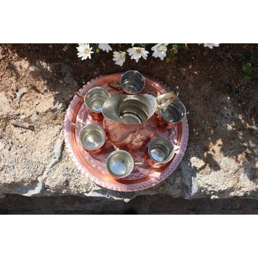 Set Of Cups, Jugs, And Trays Made Of Copper, With A Floral Pattern And An Antique Pattern