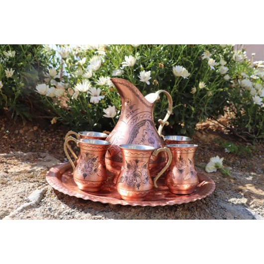 Set Of Cups, Jugs, And Trays Made Of Copper, With A Floral Pattern And An Antique Pattern