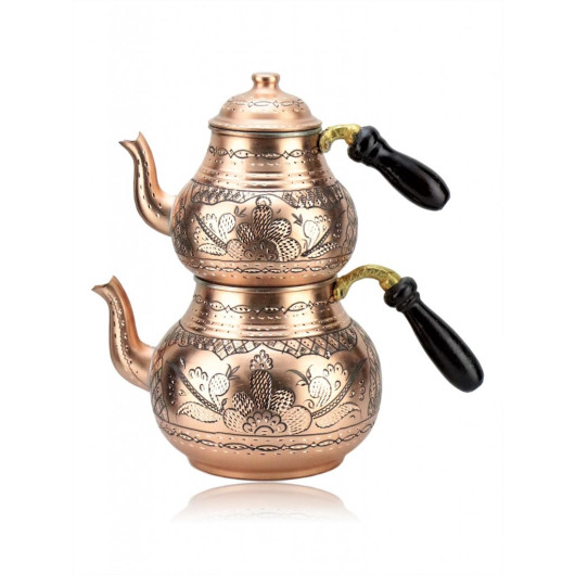Antique Copper Teapot Set With Floral Pattern