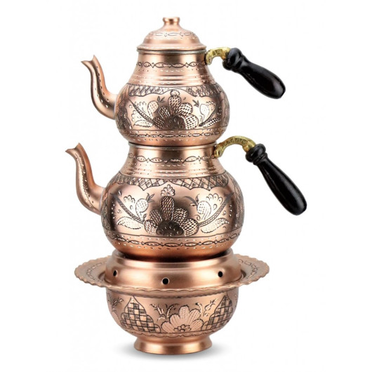 Antique Floral Pattern Copper Teapot Set With Stove Stove