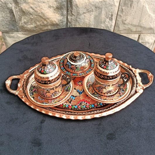 Rose Flower Embroidered Copper 2 Pcs Coffee Set