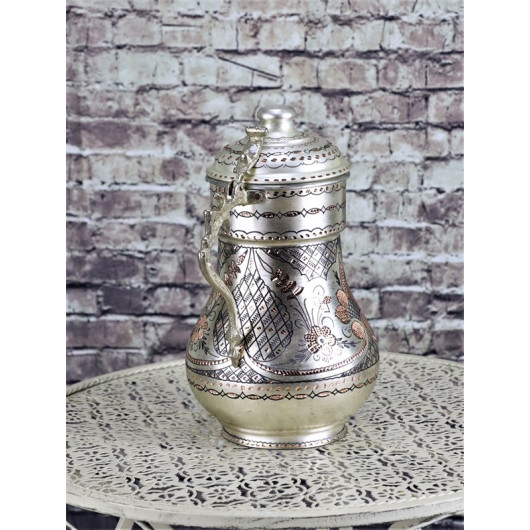 Silver Embroidered Copper Jug With Rose Flower Lid