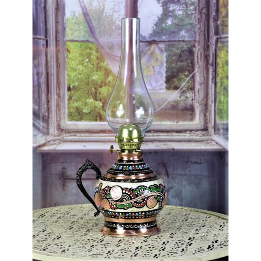 Wide Copper Lamp / Lantern Engraved With Flowers