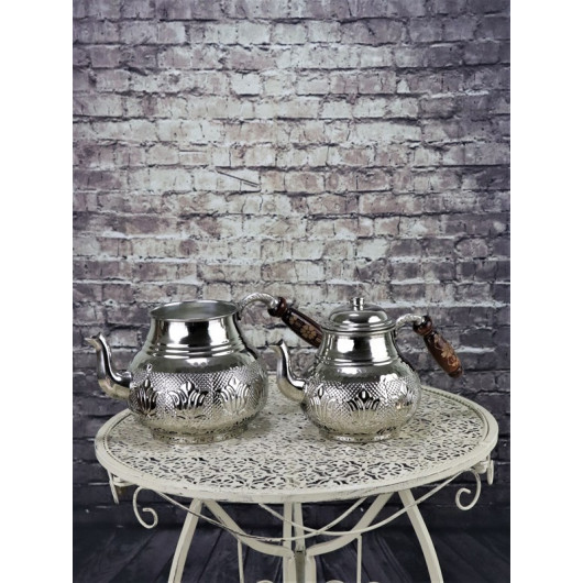 طقم اباريق شاي تركي من النحاس+ كوب/وعاء تسخين بتصميم عثماني من الكروم