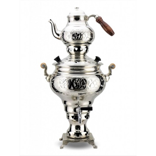 Copper Teapot + Turkish Samovar With Charcoal 3 Liters, Engraved With A Chisel