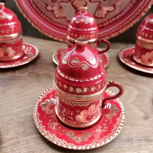 Red Rose Flower Embroidered Coffee Set