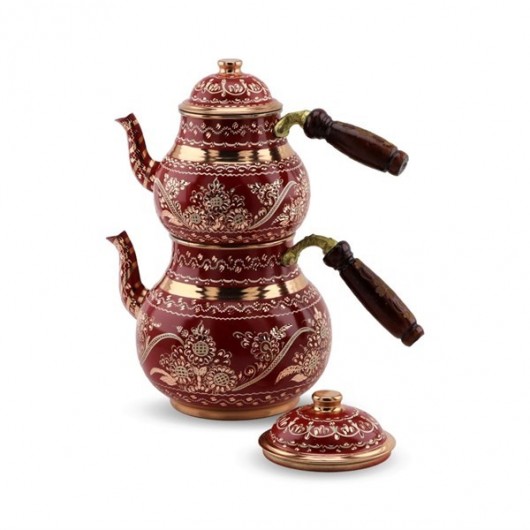 Copper Teapot Set With Floral Pattern And Red Ceramic Glaze