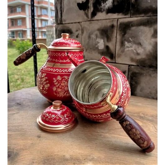 Copper Teapot Set With Floral Pattern And Red Ceramic Glaze
