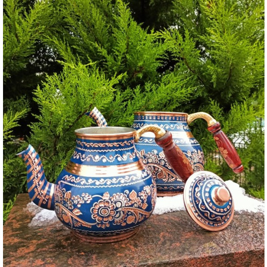 Copper Floral Teapot Set With A Navy Blue Ceramic Glaze