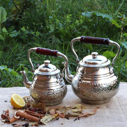 Nickel Plated Engraved Brass Turkish Teapot