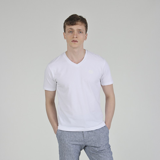 Men's Daily Embroidered V-Neck T-Shirt - White