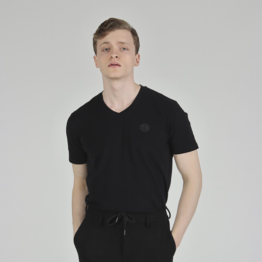 Men's Daily Embroidered V-Neck T-Shirt - Black
