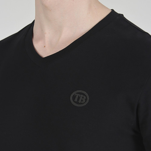 Men's Daily Embroidered V-Neck T-Shirt - Black