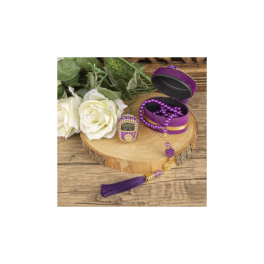 Mother's Day Gift Luxury Zikirmatik And Pearl Rosary Ellipse Boxed, Flocked, Mirrored Plexiglass-Purple 7*5 Cm 70 Gr