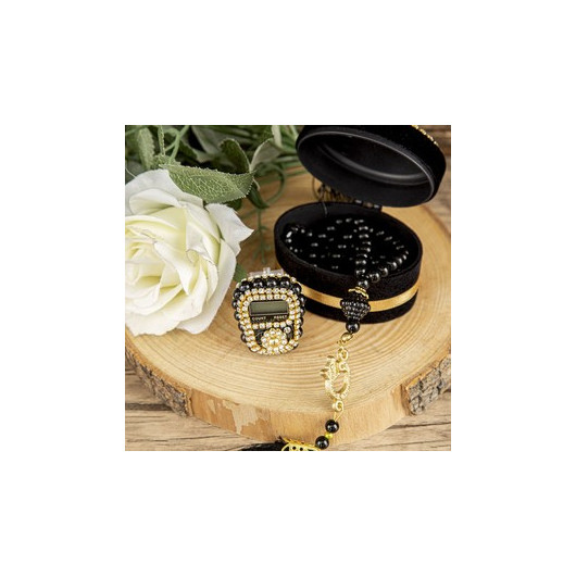 Mother's Day Gift Luxurious Zikirmatik And Pearl Rosary Ellipse Boxed, Flocked, Mirrored Plexiglass- Black 7*5 Cm 70 Gr