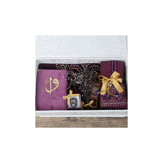 Gift Velvet Box, Quran, Rosary, Zikirmatik, Bookmark, Prayer Rug, Shawl Set Purple