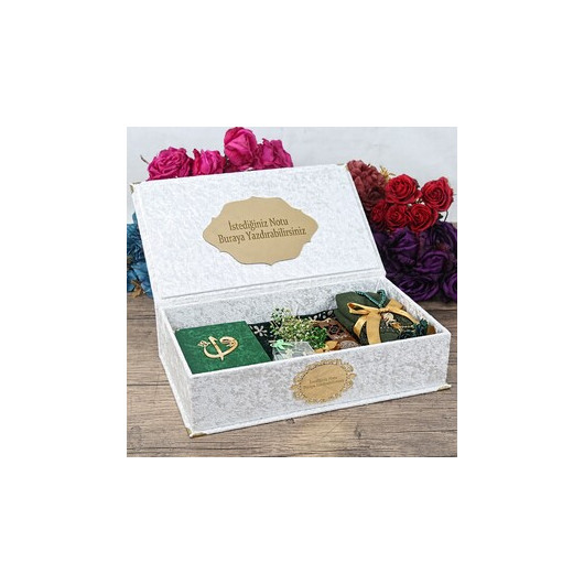 Gift Velvet Box, Quran, Rosary, Zikirmatik, Bookmark, Prayer Rug, Shawl Set Green