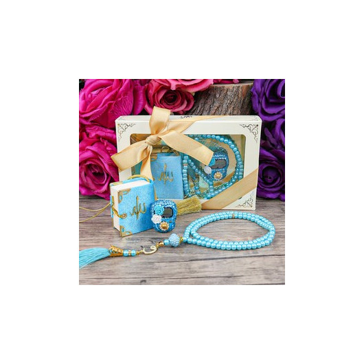 Gift Mini Quran & Luxury Stone Zikirmatik & Pearl Rosary Gift Set - Blue