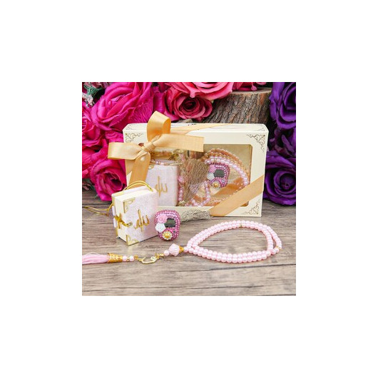 Gift Mini Quran & Luxury Stone Zikirmatik & Pearl Rosary Gift Set - Pink