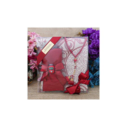 Silk Nur Taffeta Prayer Rug Red & Pearl Rosary Rose Claret Red & Claret Red Shawl & Zikirmatik