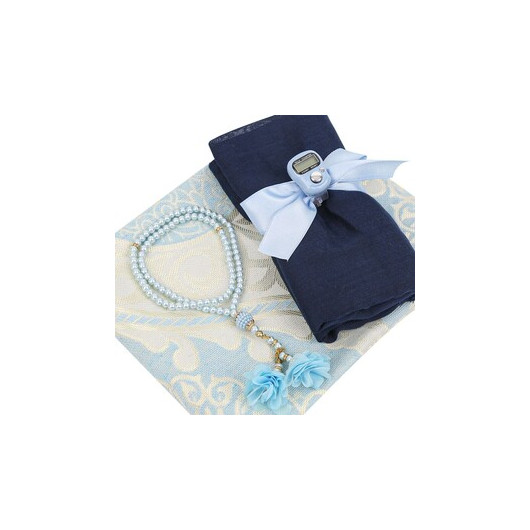 Silk Nur Taffeta Prayer Rug Blue & Pearl Rosary Rose Blue & Navy Shawl & Zikirmatik