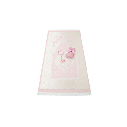 Silk Nur Taffeta Prayer Rug Pink & Pearl Rosary Rose Pink & Pink Shawl & Zikirmatik