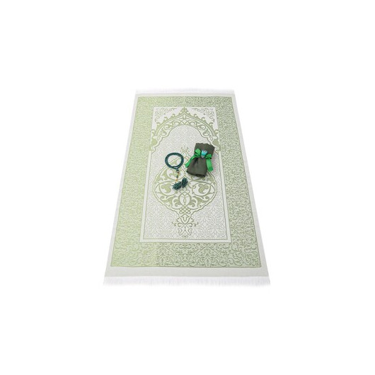 Silk Nur Taffeta Prayer Rug Green & Pearl Rosary Rose Green & Green Shawl & Zikirmatik