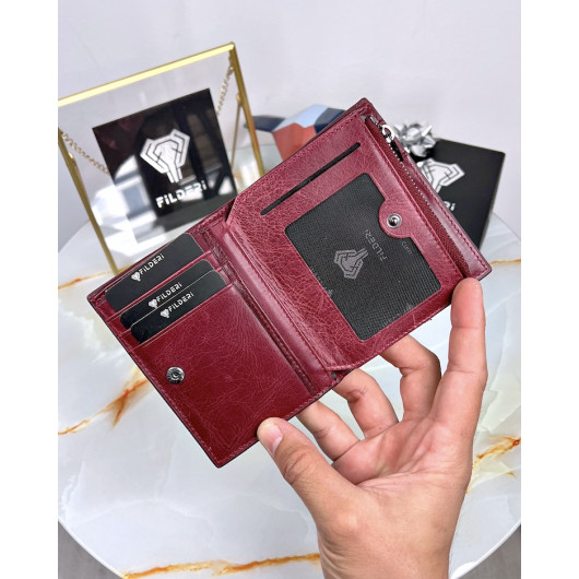 Burgundy Leather Wallet With Magnet And Zipper