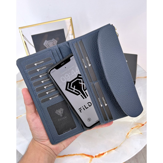 Mobile Phone Wallet Genuine Leather Navy Blue Color