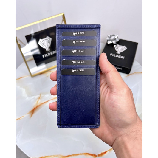 Wallet Card Holder Genuine Leather With Phone Compartment Navy Blue Color