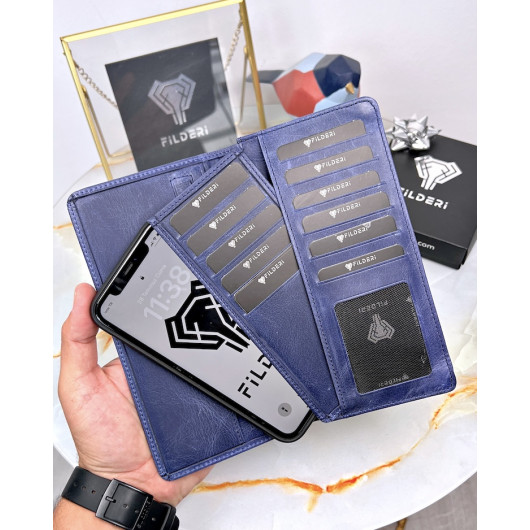 Wallet And Card Holder With Phone Compartment Genuine Leather Navy Blue