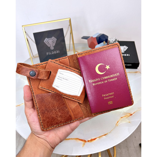 محفظة جلد لجواز السفر وبطاقة الأمتعة ترابي