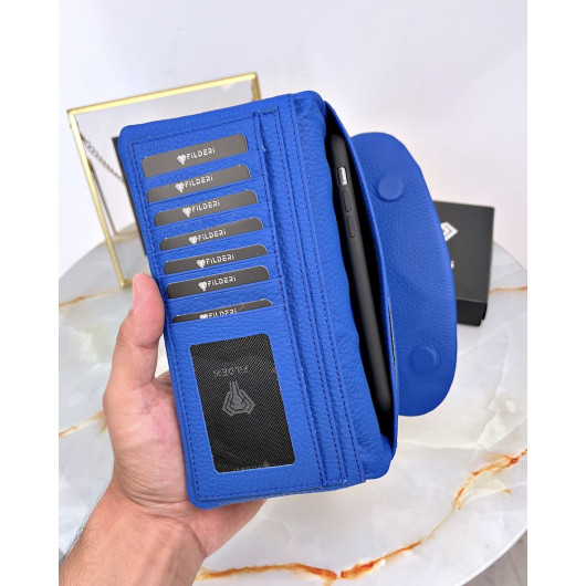 محفظة جلد طبيعي أزرق بحجرة للهاتف