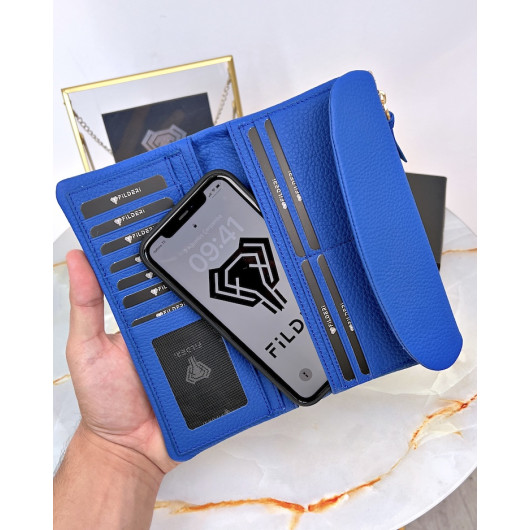 Hand Wallet With Phone Compartment, Saks Blue Genuine Leather