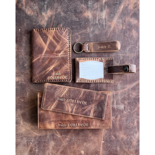 Tumbled Leather Hazelnut Color Gift Set Genuine Leather