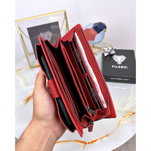 Genuine Leather Wallet Red Color Handle