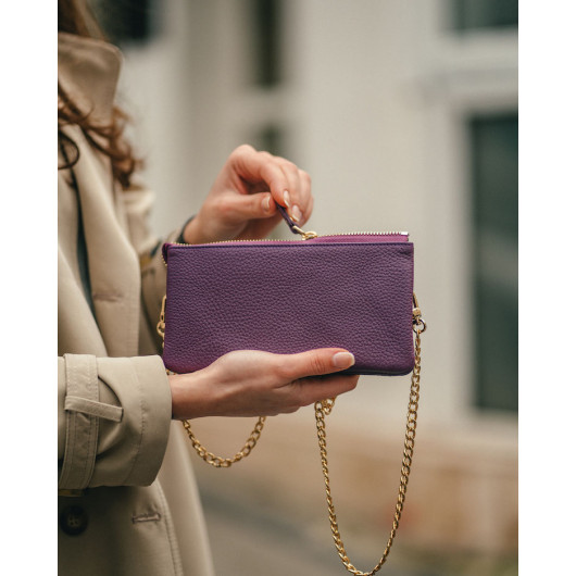 Genuine Leather Women's Bag Purple Color With Chain