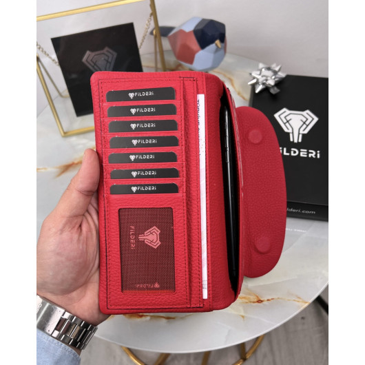 Red Leather Wallet With Phone Compartment