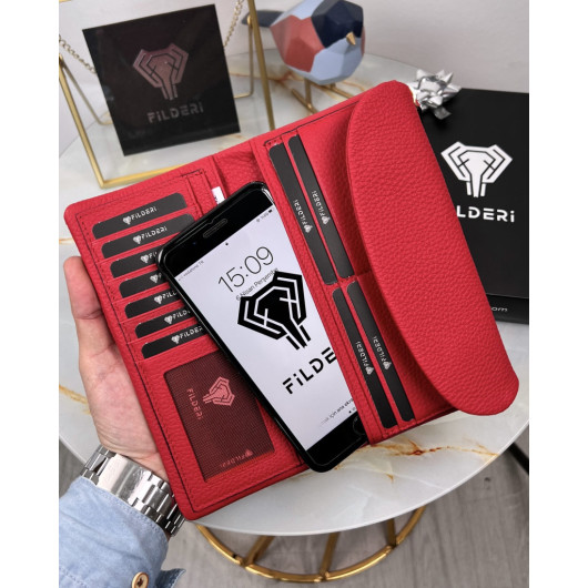 Red Leather Wallet With Phone Compartment