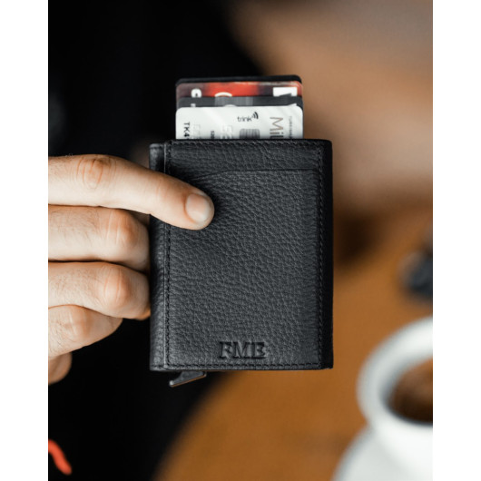 Mechanism Card Holder Genuine Leather Black Color