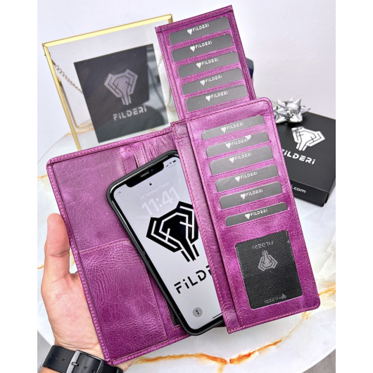 محفظة أرجوانية جلد طبيعي مع حجرة هاتف وبطاقات