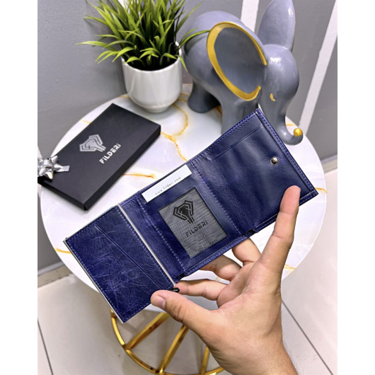 Automatic Card Holder Genuine Leather Navy Blue Color