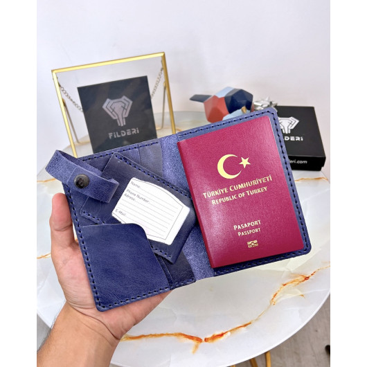 محفظة جلد لجواز السفر وبطاقة الأمتعة كحلي