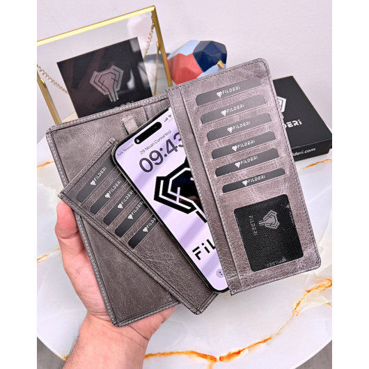 محفظة رمادية مع حجرة هاتف وبطاقات