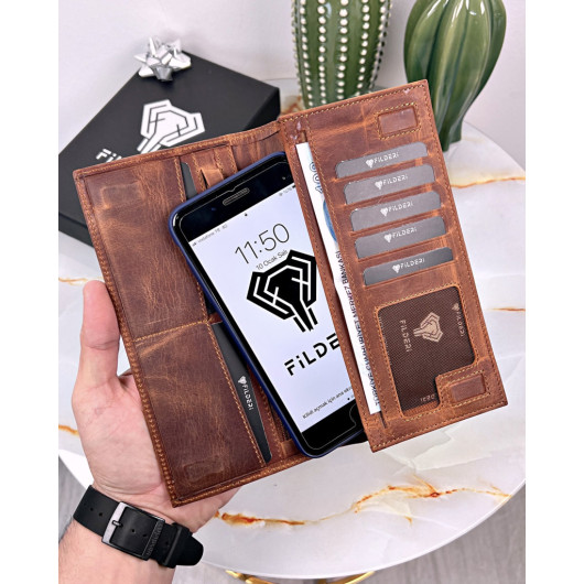Magnetic Wallet And Card Holder With Phone Compartment Hazelnut Color