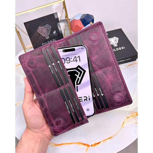 Phone Holder Wallet Genuine Leather Purple Color
