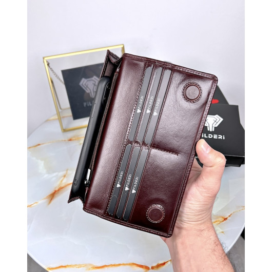 Wallet With Handle And Phone Compartment Genuine Leather Bitter Brown