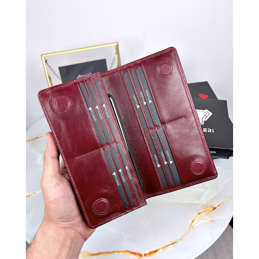 Handle Wallet With Phone Compartment Genuine Leather Claret Red