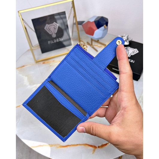 Small Card Holder Wallet Blue Color Genuine Leather