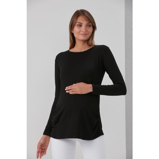 0362-Viscose Belted Plain Maternity Long Sleeve T-Shirt